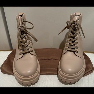 Gianvito Rossi. Rib knit leather combat boots in Mousse.Winter 2022 collection.